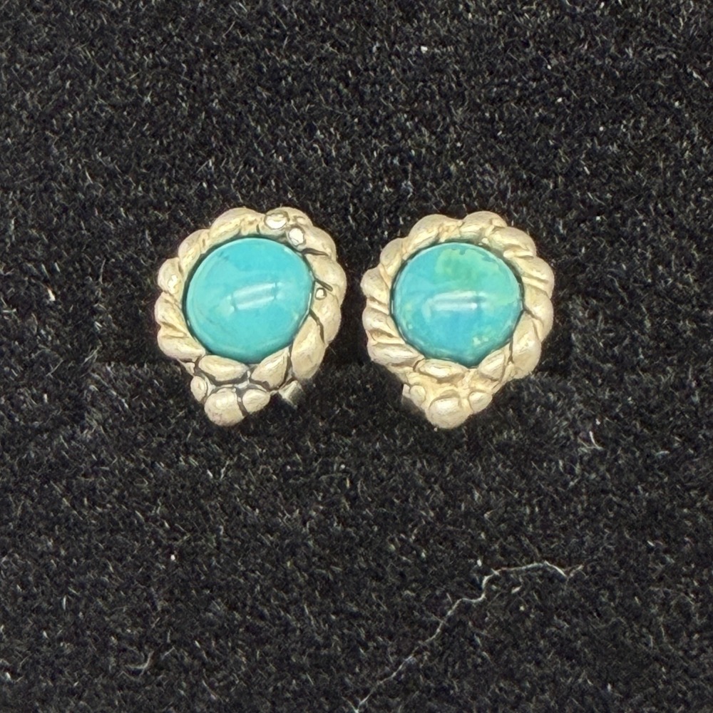 Sterling Silver Turquoise Stud 7.5mm Round Earrings Rope Accent Southwestern